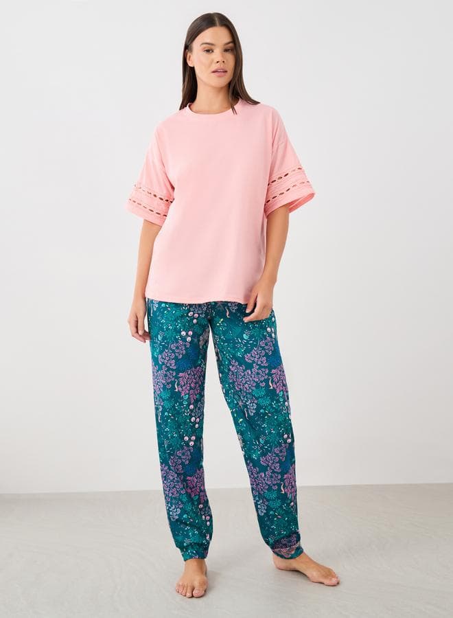 Lace Insert Round Neck T-Shirt and Pyjama Set