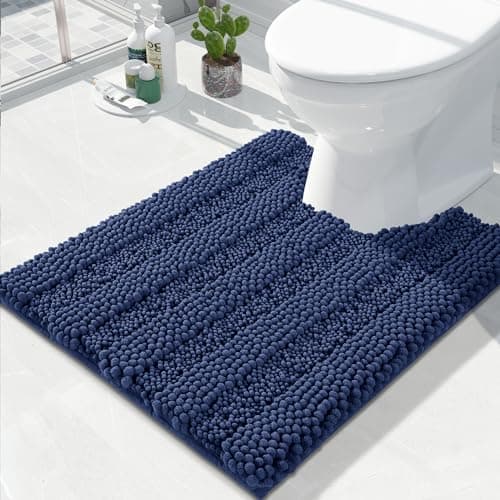 Yimobra Toilet Rugs U Shaped Washable 24 x 20 Non Slip and Super Absorbent Toilet Mat Quick Dry Ultra Luxury Microfiber Chenille Plush Fluffy Contour Bath Rugs for Toilet Base Navy Blue