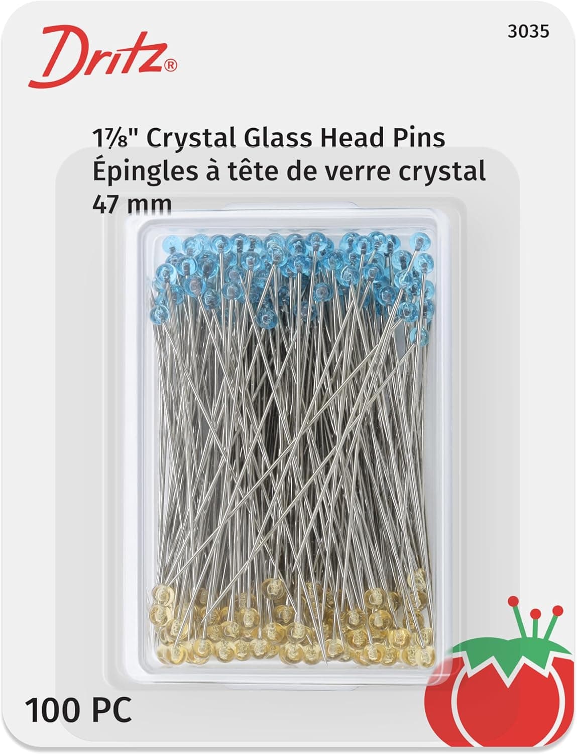 Dritz 3035 Crystal Glass Head Pins 178Inch 100Count Blue and Yellow