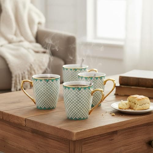 Femora Premium Gold Teal Mesh Pattern Design Ceramic Coffee & Tea Cup Set of 4, 160 ML