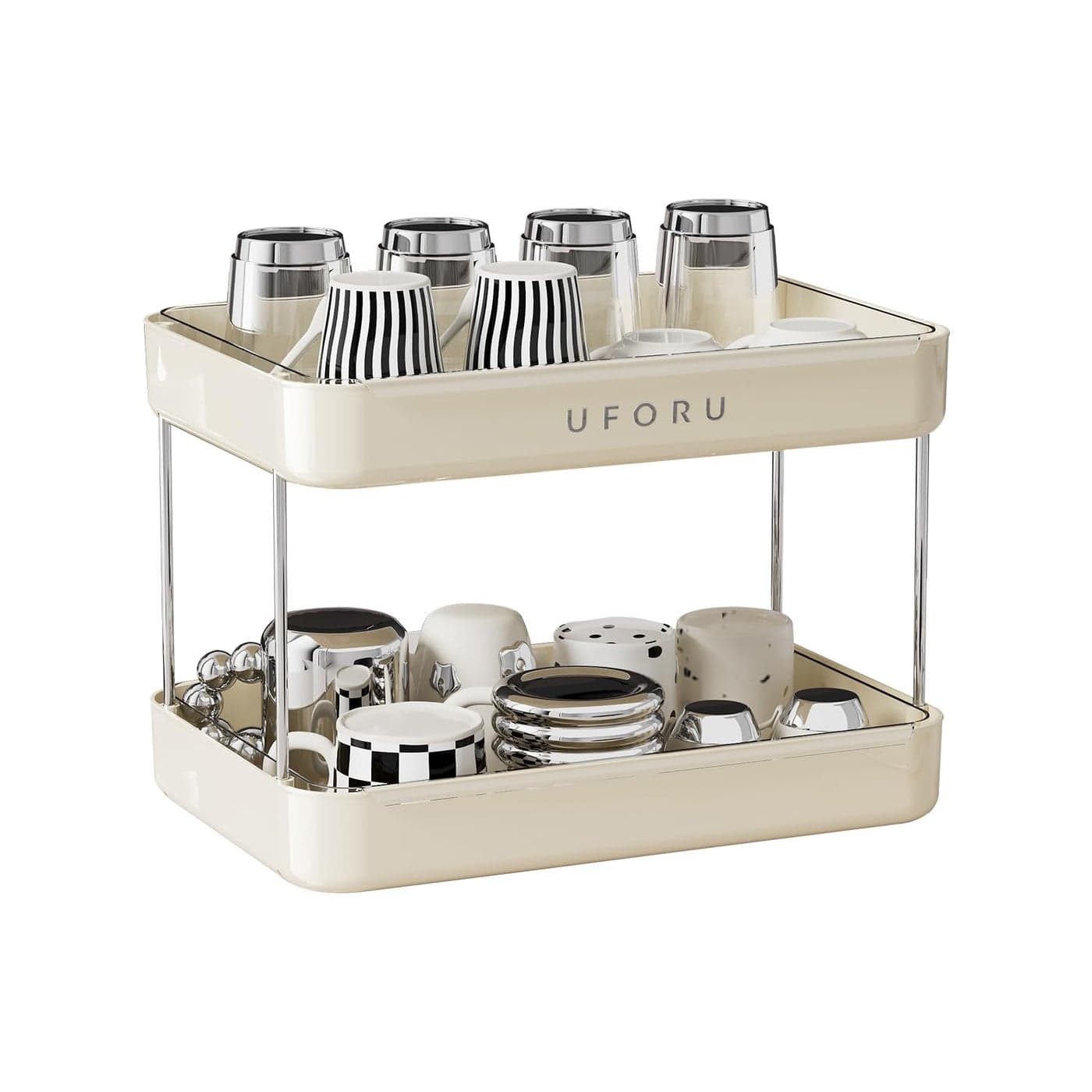 UFORU Countertop Coffee Station Organizer 2 Tier Wine Glass Holder Mug Shelf with Removable Drain Tray Spice Rack for Kitchen Bathroom Countertop Organizer Cream White