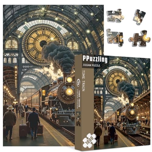Vintage Train Puzzles for Adults 1000 Pieces Steam Train Station Art Jigsaw Puzzle Classic Railway Scenery Puzzles as Home Wall Art