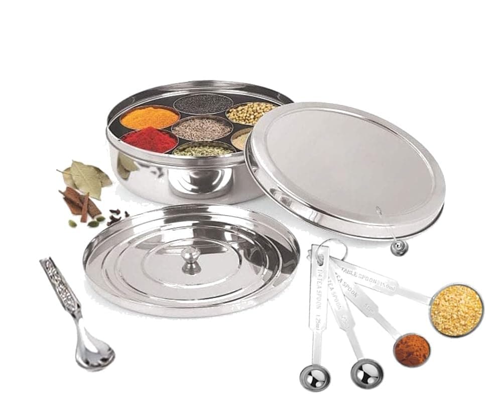 Taluka Stainless Steel Spice Box Indian Masala Dabba With 7 Compartments 1 Small Spoon & 4 Pcs Of Measuring Spoon For Home Restaurant Chefs 8x8 Inches