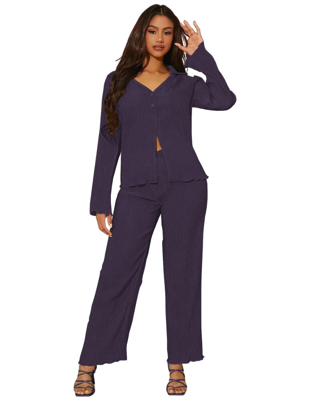 GRECIILOOKS Co-Ord Set For Womens Stylish | Trendy Poly Lycra Textured Blend Pajama Sets | Trendy Korean Summer Travel Outfit | Lightweight Two Piece Pajamas for Beach & Holiday Look | Full sleeve
