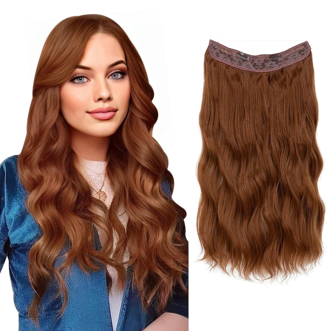 SARLA Invisible Wire Hair Extension with 3 Clips Synthetic Long Beach Wave Hairpiece Transparent Adjustable Headband for Women 20 Inch Light Auburn