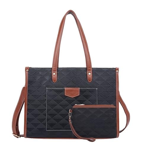 Womanix Laptop Tote Bag PU Laptop Bag 14 inch Work Shoulder Bags Casual Briefcase Handbag for Travel, Office, College (Black Tan)