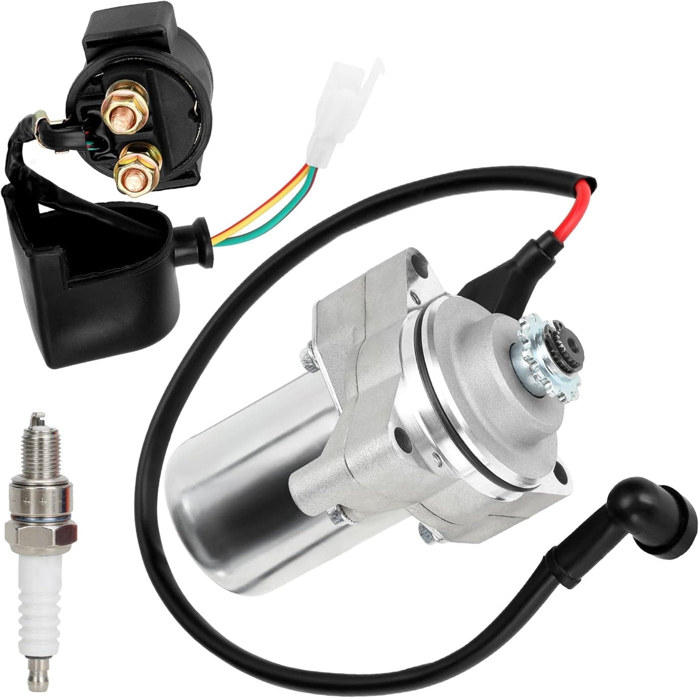 GREHUA 3 Bolt Starter Motor with Solenoid Relay and Spark Plug for 50cc to 125cc ATVs and Dirt Bikes
