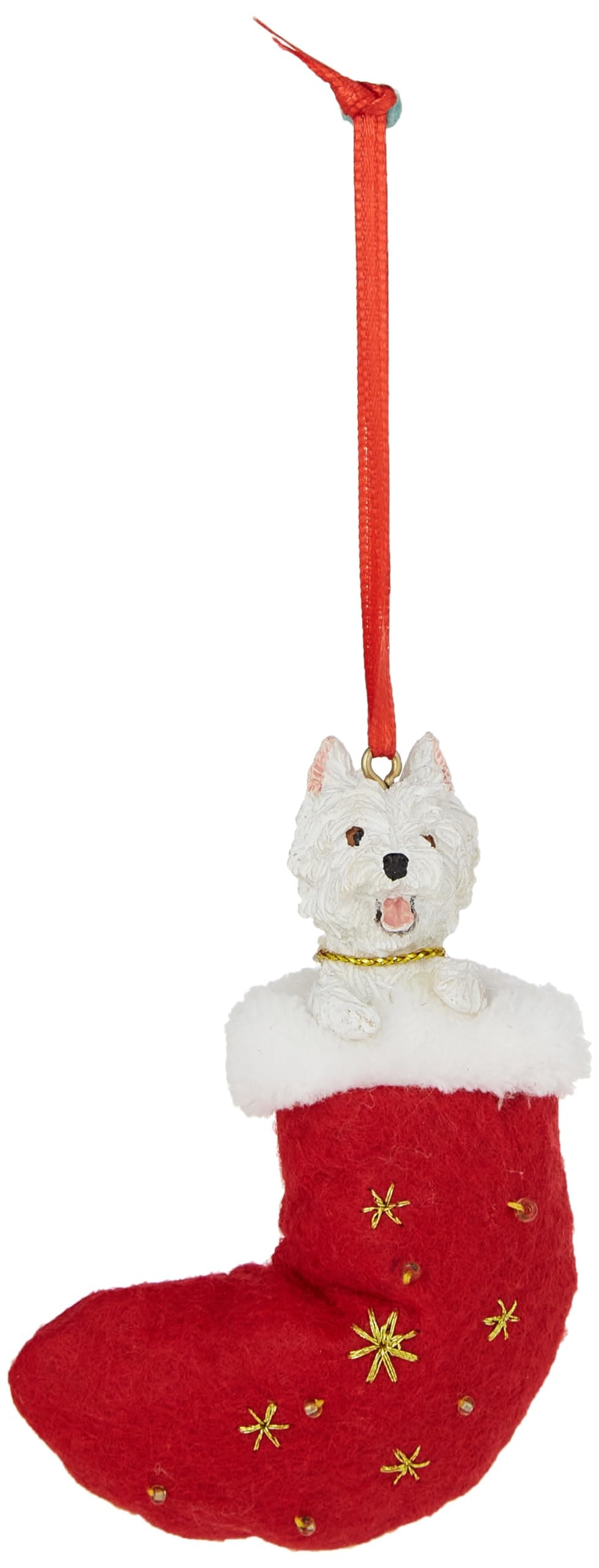 Westie fabric Christmas Stocking Ornament with Santas Little Pals Hand Painted and Stitched Detail