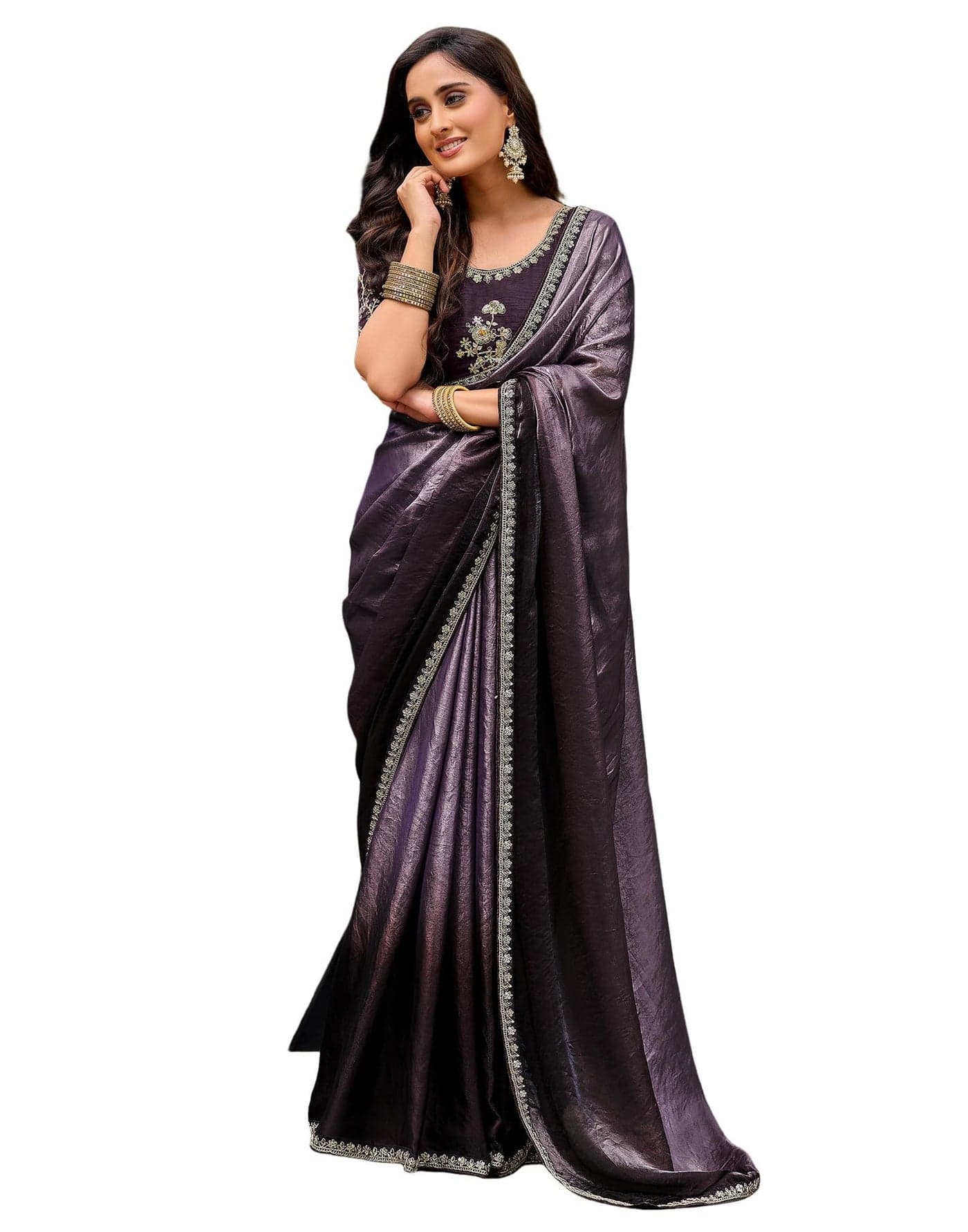 SIRIL Women's Tissue Silk Sequence Embroidery Lace Ombre Saree With Embroidery Unstitched Blouse Piece (4864S876_Dusty Purple)