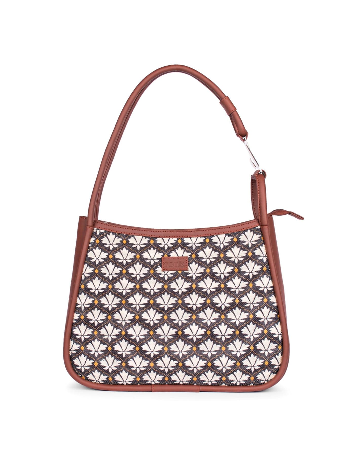 ZOUK Bidri Kaiser Motif Printed Jute Handcrafted Vegan Leather Black and White Women's Sleek Shoulder Bag |Hobo Bag|