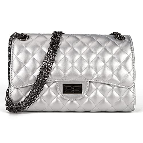 Gladdon Quilted Crossbody Purse for Women Trendy Ladies Shoulder Bag with Chain Designer Purses Silver