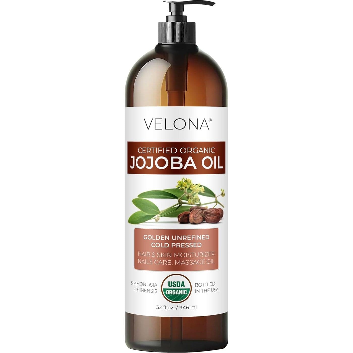 velona Jojoba Oil USDA Certified Organic 32 Fl Oz With Pump 100 Pure and Natural Carrier Oil Golden Unrefined Cold Pressed Hexane Free