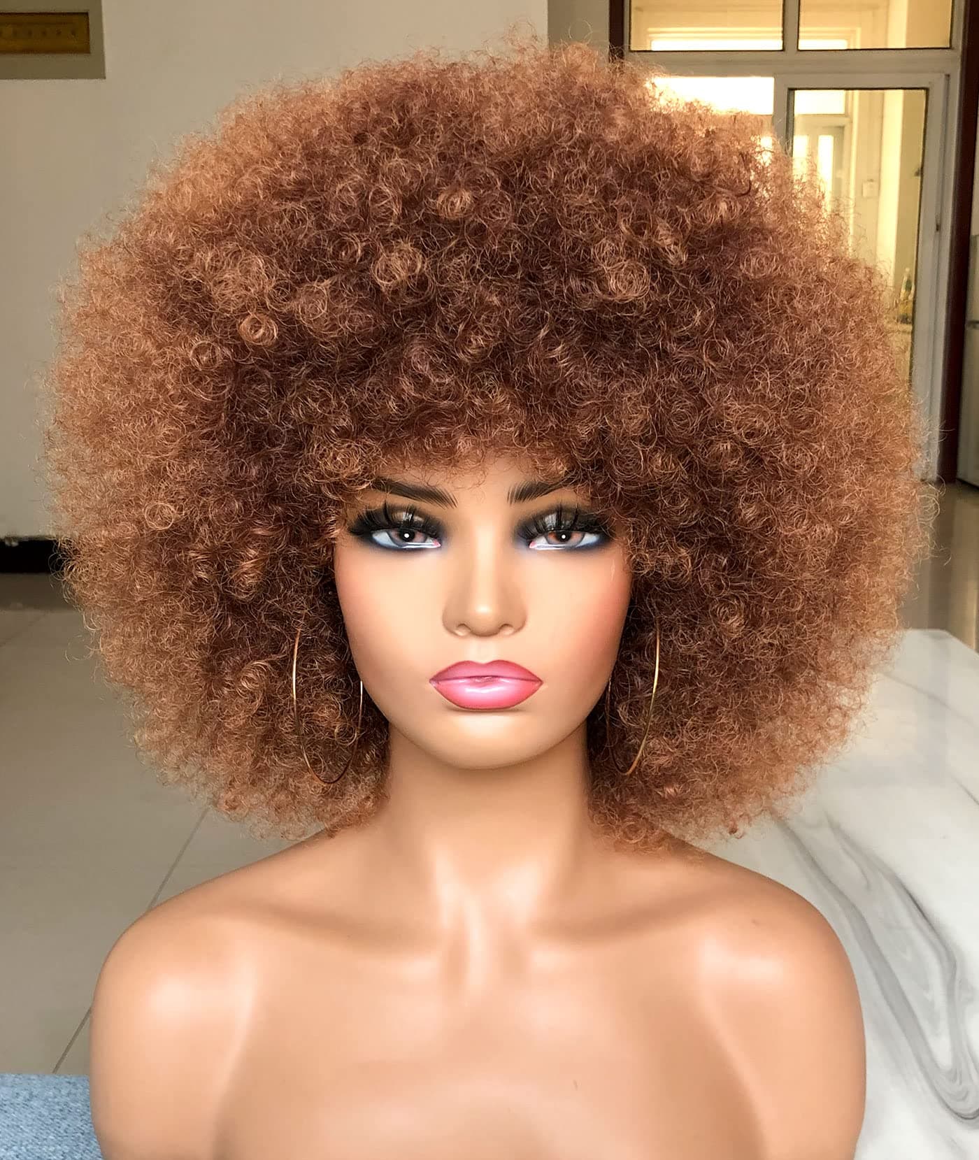HIHOO Short Afro Wig with Bangs for Black Women Afro Kinky Curly Wig 70s Premium Synthetic Big Afro WigsBrown