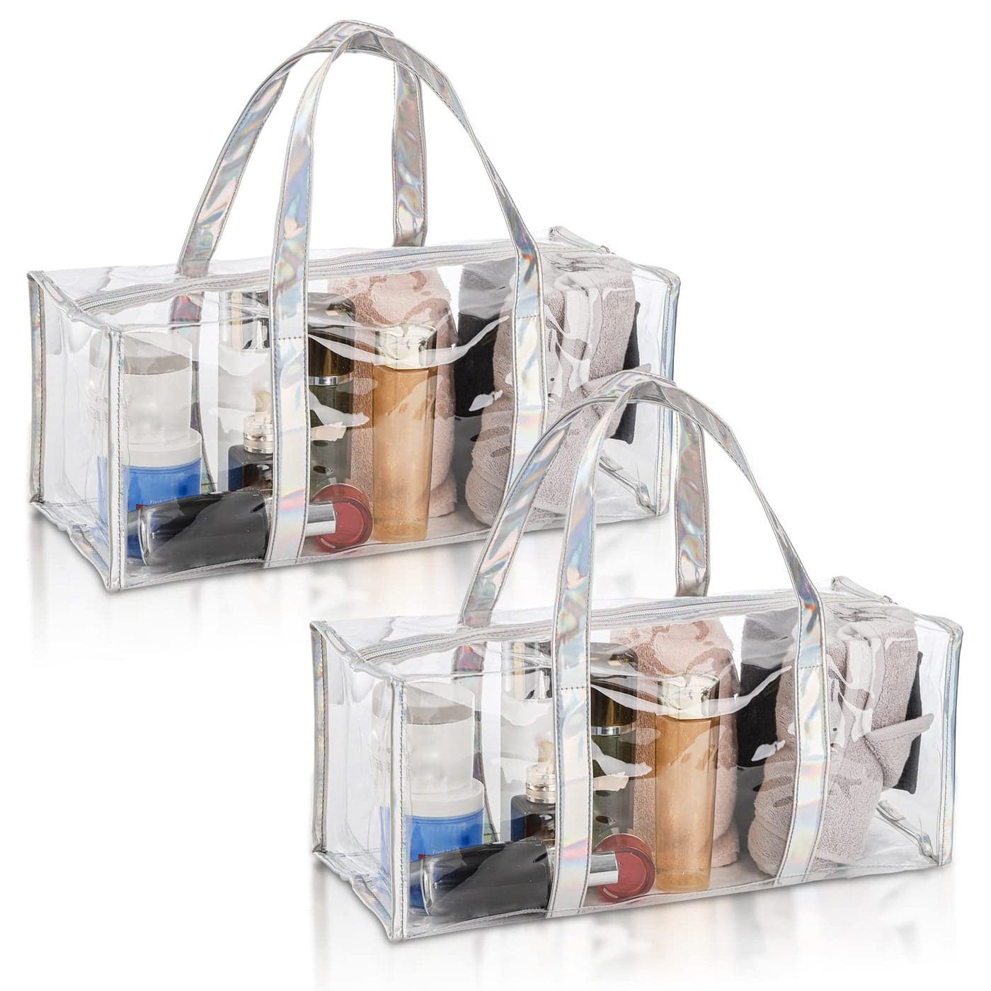Lyellfe 2 Pack Clear Duffle Bag for Women, Heavy Duty Sports Tote Gym Bag, Large PVC Tote Bag with Zipper, Plastic Makeup Toiletry Bag for Gym, Travel, Beach and Picnic