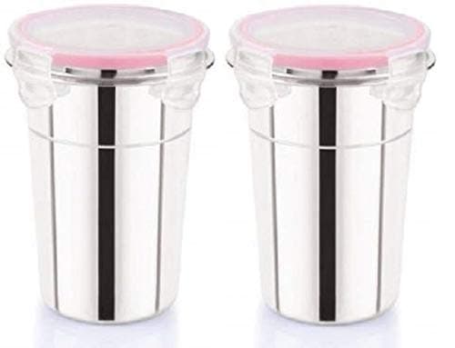 Dynore Stainless Steel Airtight, Leak Proof, Frezzer Safe and Dust Proof Glass Tumblers with Lid Set of 2. Capacity- 400 ML