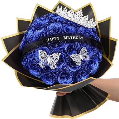 Waipfaru Glitter Roses BouquetBirthday Gifts for Women MomDIY Fake Flowers Bouquet with Birthday StandUp Signs36 Blue Rose for Grandma Wife Friends