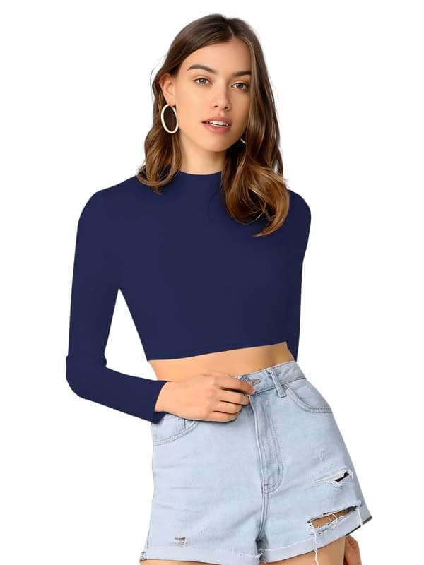Dream Beauty Fashion Women's Round High Neck Full Sleeves Stylish Crop Top Polyester Blend Tshirt (Tally Navy Blue-XS)