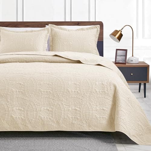 Love's cabin Quilts for Queen Bed Beige Bedspreads Bedding Set - Summer Lightweight Bedspread Comforter - Coin Pattern Bedding Coverlet for All Season - 3 Pieces (1 Quilt, 2 Pillow Shams)