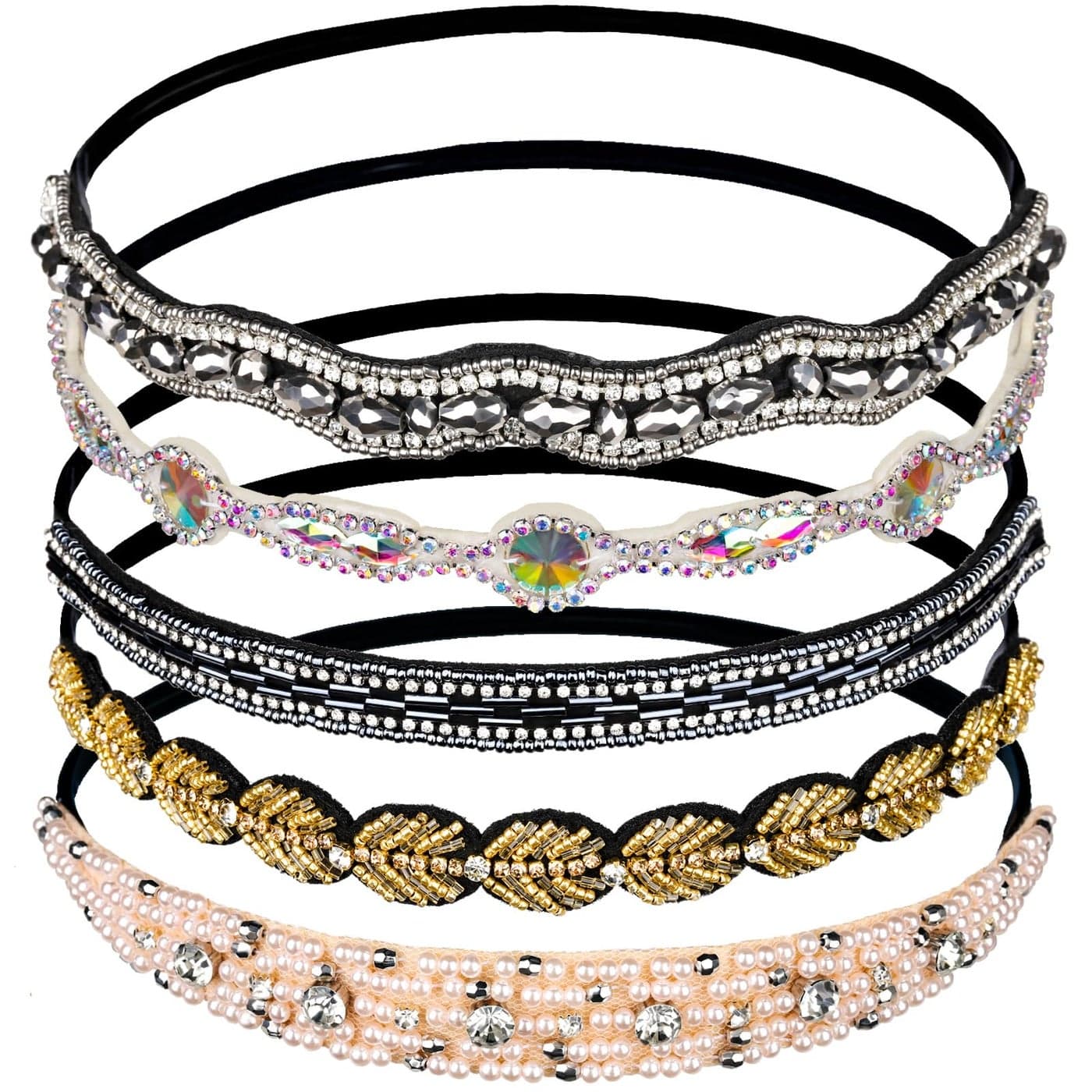 Teenitor 5pcs Rhinestone Beaded Headbands No Slip Jeweled Head Wraps Women Girls Hair Headbands