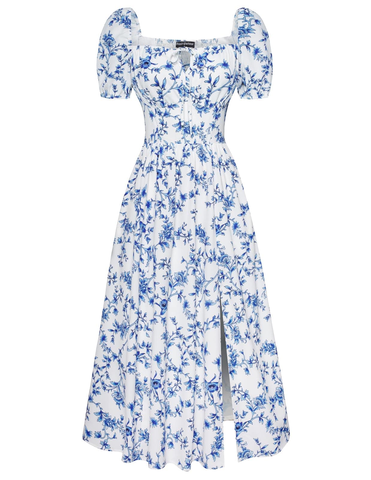 Scarlet Darkness Floral Long Dress for Women with Slit Square Neck Short Sleeve Summer Flowy Dress White Deep-Blue Floral S