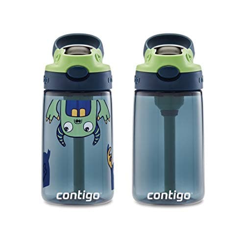 Contigo Aubrey Kids Cleanable Water Bottle with Silicone Straw and Spill-Proof Lid Blueberry & Monsters 14 Ounce 2-Pack