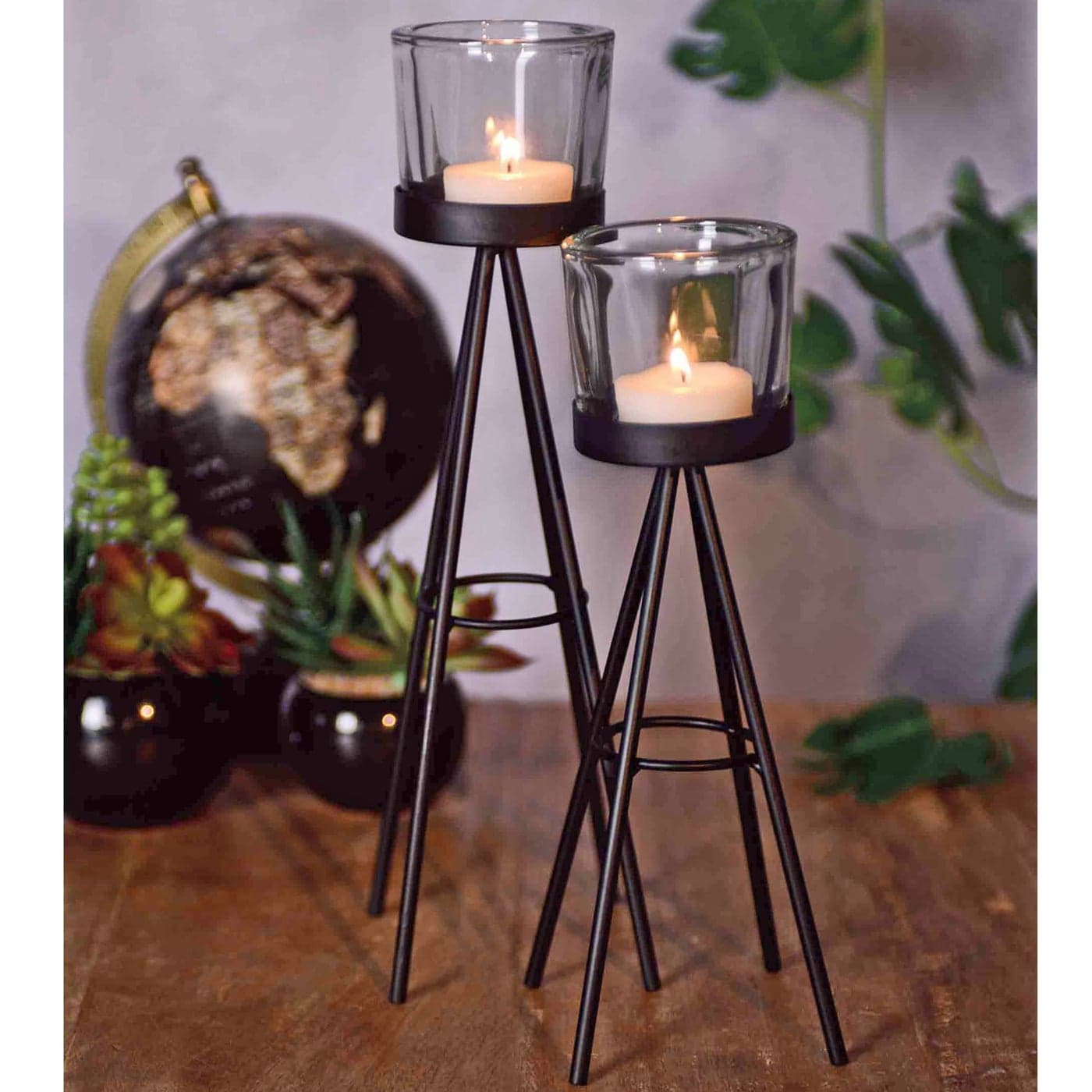 URBNLIVING 2 Metal Tea Light Candle Stick Stand Glass Holder Set 8x19cm 8x24cm