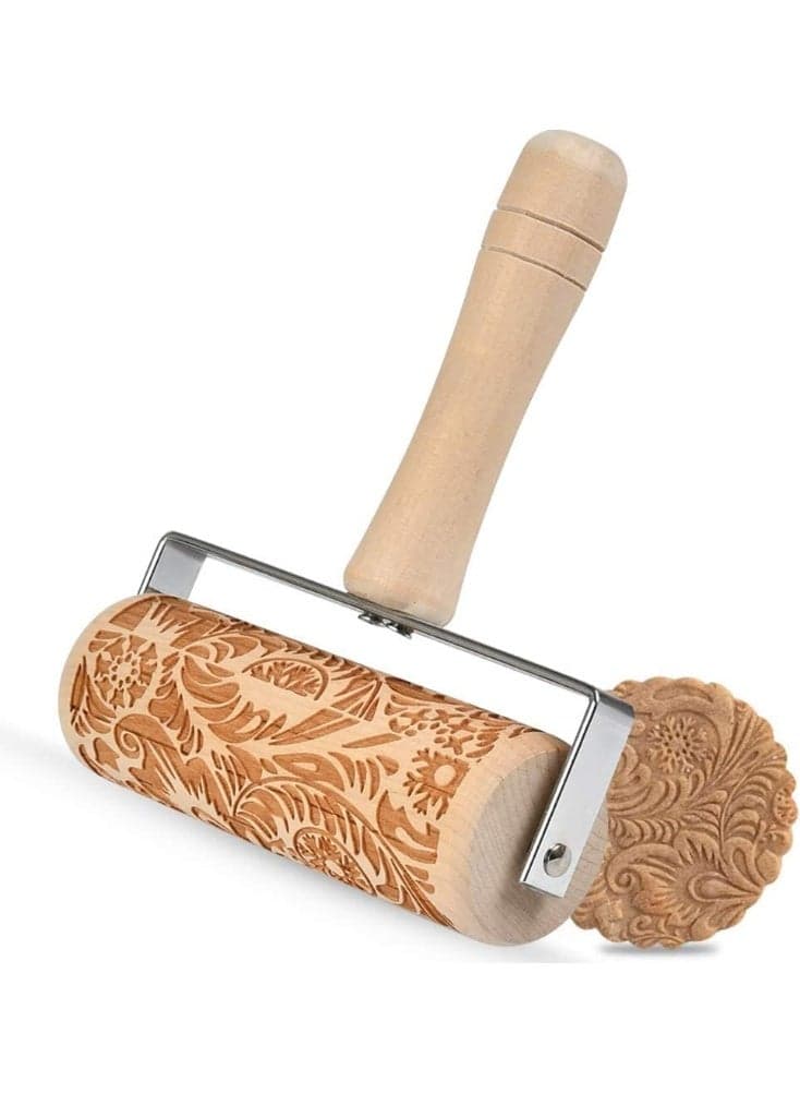 Embossed Rolling Pins, Wooden 3D Flower Pattern Roller, Natural Wood Carved, Pin with Classic Pattern, DIY Tool, Suitable for Kids Dough And Fondant Cookies, Pies And Pastry Clay Crafts