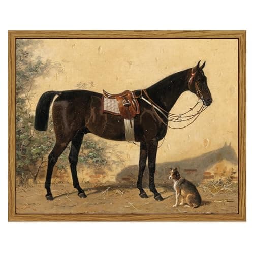 ARPEOTCY Framed Canvas Horse Wall Art, Horse and Dog Art Print for Home Decor, Rustic Farmhouse Country Shelf Wall Decor for Living Room, Bedroom, Bathroom, Office Aesthetic, 8x10 inch