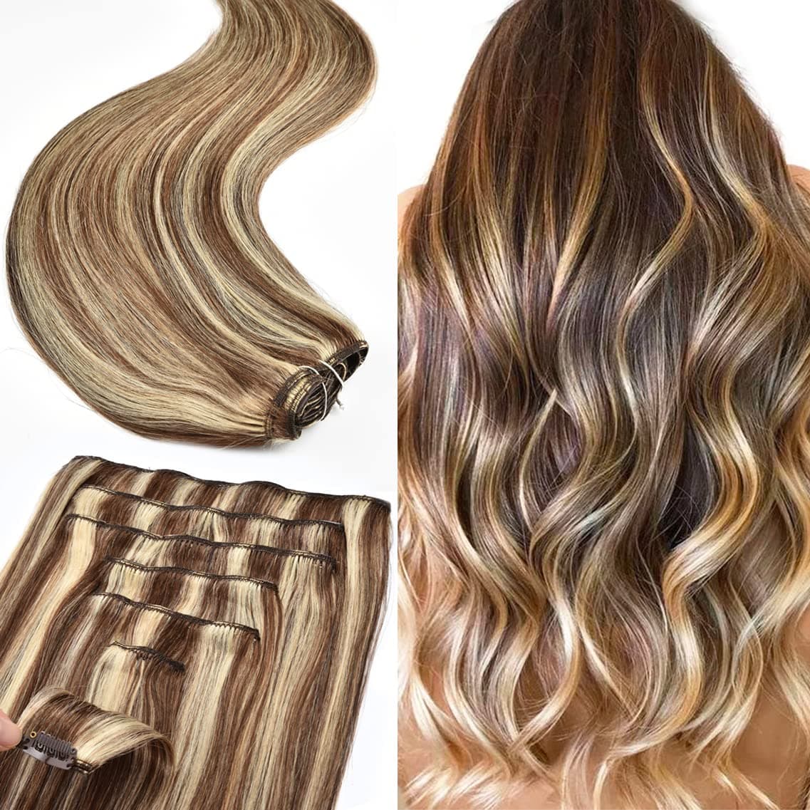 Human Hair Extension Clip In For Women Double Weft 9A 20inch 120g 7Pcs Silky Straight Clip in Human Hair 4613 Medium Brown with Blonde Hair Extensions Clip in Human Hair