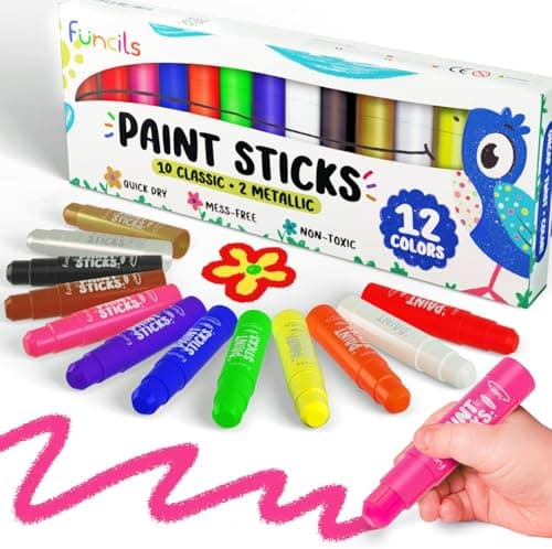 Funcils 12 Tempera Paint Sticks for Kids & Toddlers - Quick Dry, Non-Toxic Washable Paint for Kids | Art & Craft Supplies Set, Solid Painting Markers with Metallic Gold & Silver Color Ages 1 2 3 4 5 6