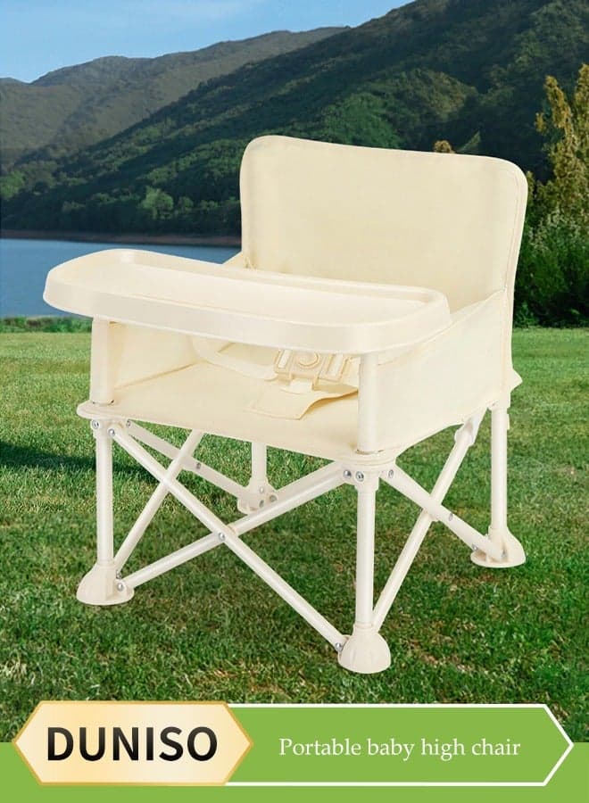 Baby Travel Booster Seat, compact toddler feeding chair, portable children's dining chair,with detachable tray and seat belt, suitable for indoor and outdoor use, camping, beach, lawn use,beige