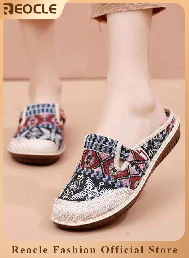 Women's Round Toe Casual Walking Mule Shoes Household Canvas Slippers Old Beijing Shoes Embroidered Shoes Kung Fu Tai Chi Shoes