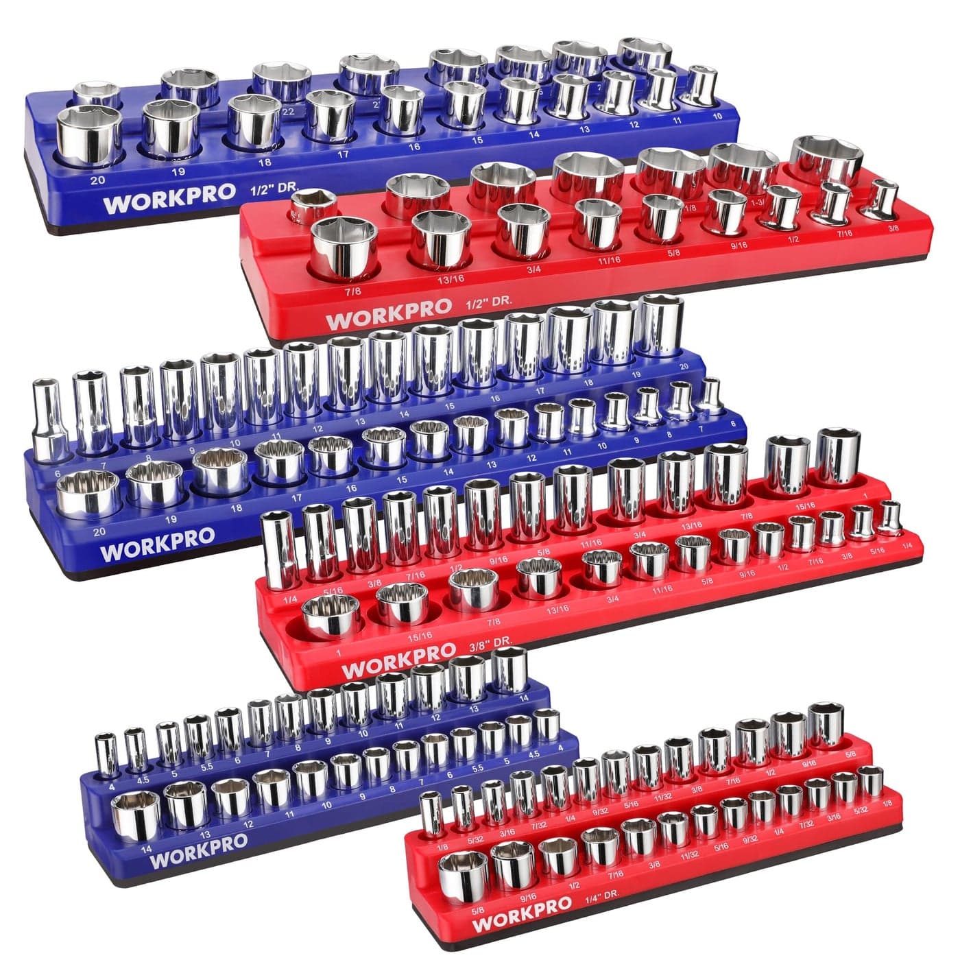WORKPRO Magnetic Socket Organizer Set 6Piece Socket Holder Set Includes 14 38 12 Drive Metric SAE Socket Trays Holds 143 Pieces Sockets Christmas Gift for MenSocket not Included