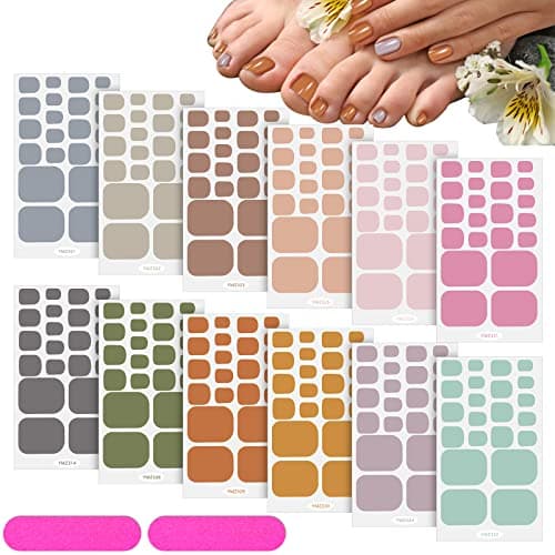 264 Pieces 12 Sheets Toenail Polish Stickers Strips Full Toe Nail Wraps Adhesive Toe Wraps DIY Solid Color Manicure Decal with 2 Pieces Nail Files for Women(Warm Colors)