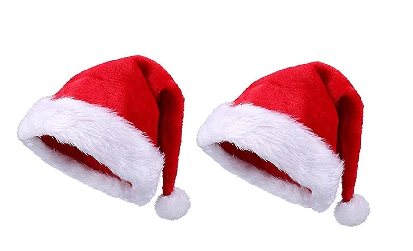 Wah!! Store Christmas Hats Pack of 2, Santa Claus Cotton Fur Caps Free Size, Soft Xmas Cap for Kids and Adults, Festive, Reusable Holiday Costume Accessory