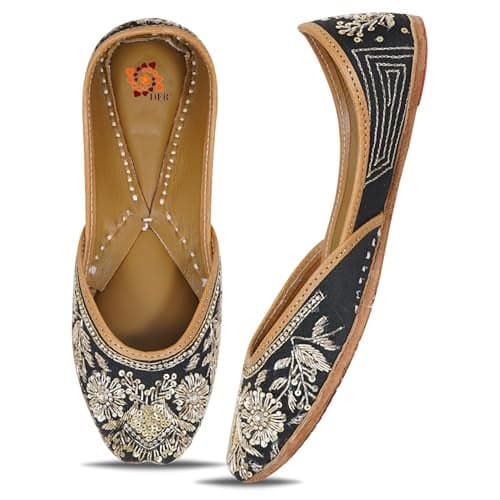 DFR Traditional Hand Dabka Zari Embroidery Rajasthani Ethnic Punjabi Comfortable Sole Cushioned Stylish Fancy Bellies Mojari Jutti for Women, Black1, 6