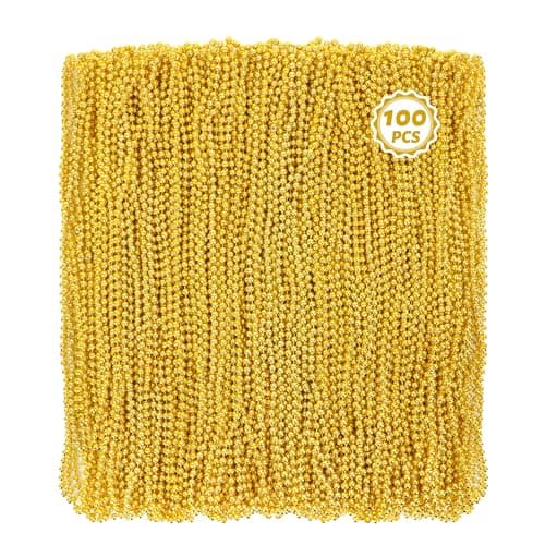 Huskein 100 PCS Mardi Gras Beads 33 Gold Beads Necklaces St Patricks Day Beads Necklaces Bulk Round Beaded Parade Throw Accessories Set Gold Beads for Carnival Party Supplies