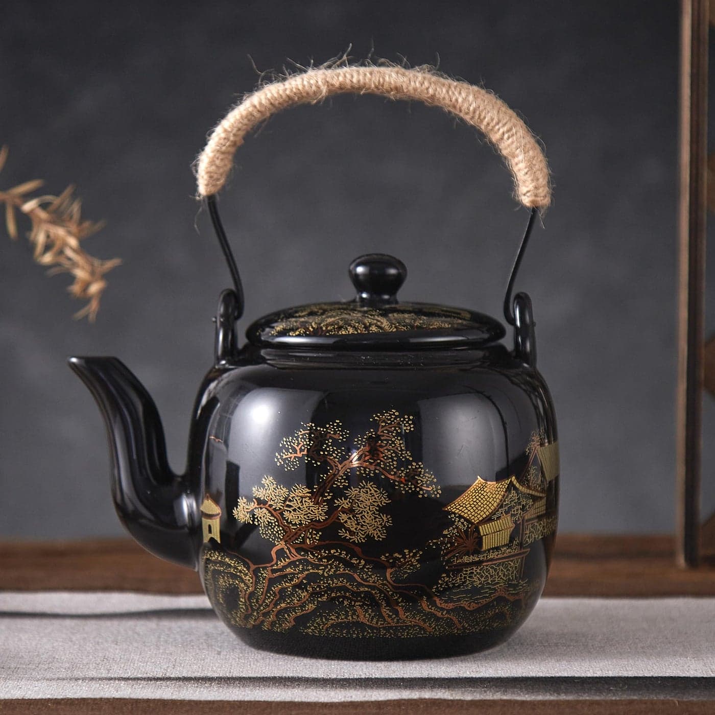 DUJUST Traditional Japanese Tea Pot Black Porcelain Chinese Teapot with Stainless Infuser Beautiful Asian Teapot for Adults Tea LoverWomenMen Countryside in Golden