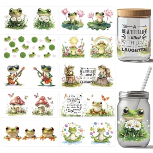 arricraft 10 Pcs Frog UV DTF Cup Wrap Transfer Sticker 10 Styles Animal Frog Cute Transfer Paper Rub on Stickers PVC Cup Wrap Sticker Waterproof Rub Decals for Craft Glass 24x11cm94x11inch