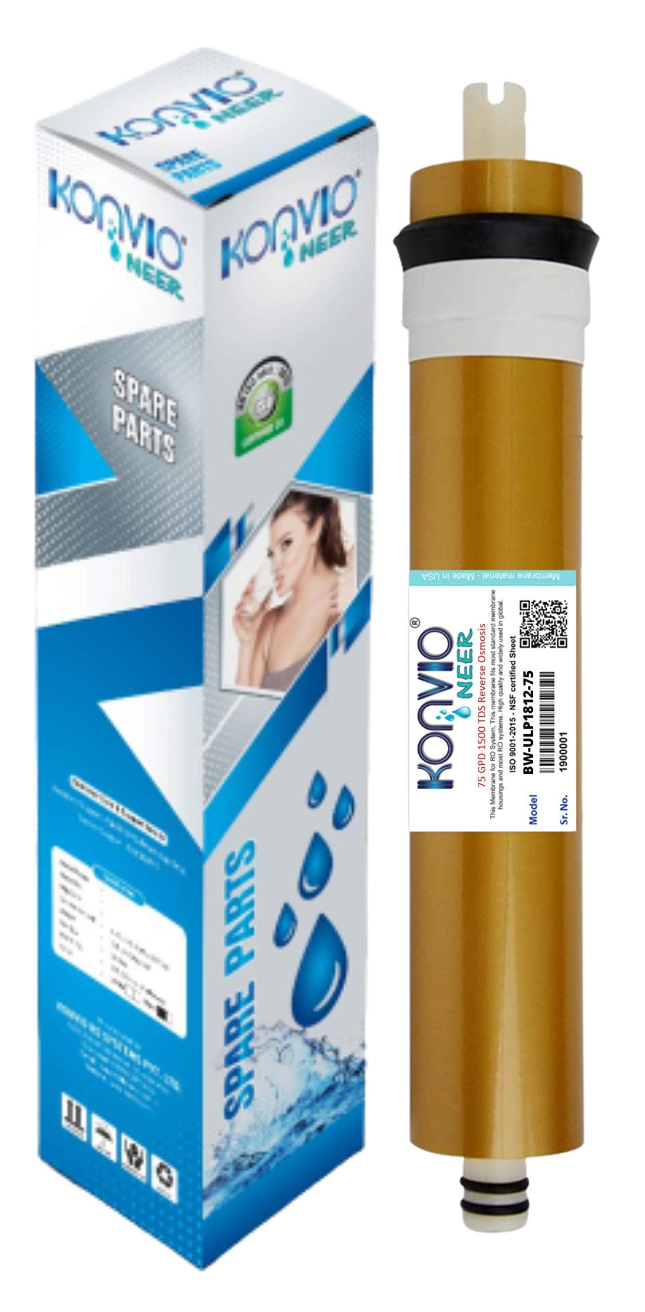 Konvio Neer High 1500 TDS Membrane Spare for All Type of RO Water Purifier (75 GPD Membrane) - Golden