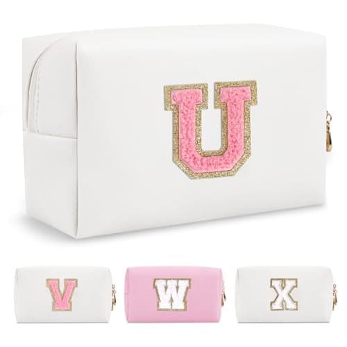 Personalized Makeup Bag Initial A-Z Preppy Patch Bag,Small PU Leather Travel Cosmetic Bag Pouch with Zipper,White Cute Toiletry Bag,Gift Ideal for Teen Girls Women Birthday Friend Mom,Letter U