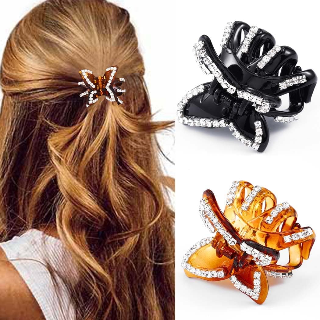 BARTOSI Butterfly Hair Claw Clips Black Small Hair Clips Rhinestone Mini Claw Clips for Hair Hair Accessories for Women and Girls Pack of 2