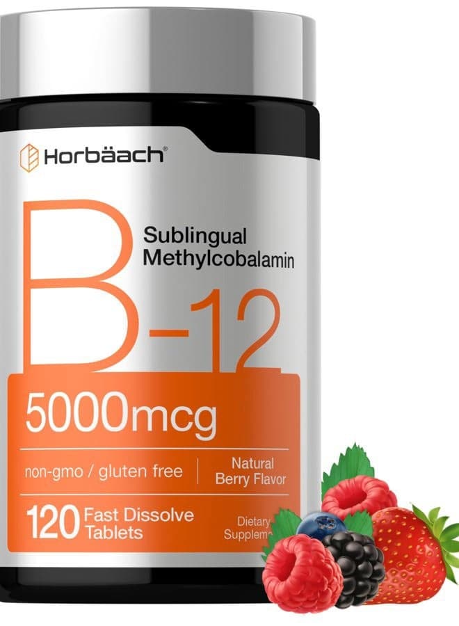 B12 Vitamin 5000 mcg | 120 Fast Dissolve Tablets | Sublingual Methylcobalamin | Natural Berry Flavor | Vegan, Non-GMO & Gluten Free Supplement