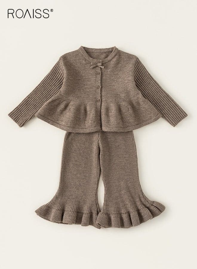 2PCS Girl Clothes Set, Stylish Outfit with Cardigan and Flared Trousers, Knitted Sweater and Elastic Waist Pants, Long Sleeve Top and Trousers Set for Girls, Suitable for Daily Wear and Outdoor Activities
