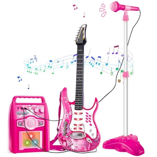 deAO Musical Guitar Play SetAdjustable Height MicrophoneAmplifier Set with StandMusic Light Karaoke Music Toys Birthday for Kids Boys Girls