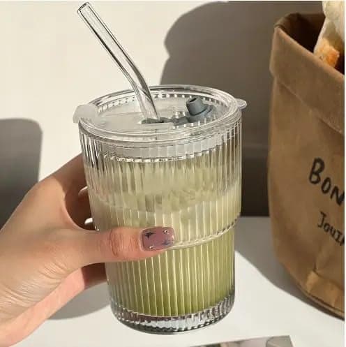 Zephorus 450ml Drink Coffee Glass Cup with Lid and Straw Transparent Bubble Tea Cup Juice Glass Milk Mocha Cup Breakfast Mug Pack of 1