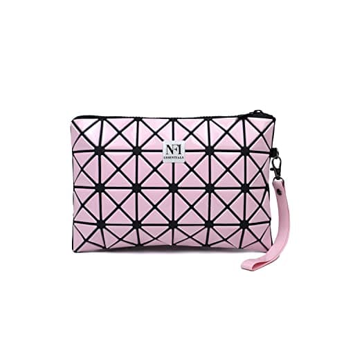 NFI Essentials PVC Geometric Design Makeup Pouch for Women Stylish Pouch for Makeup Accessories Travel Organiser Cosmetic Pouches Make Up Pouch for Girls Vanity Bag Makeup Bag, 17 Cm, Pink Black