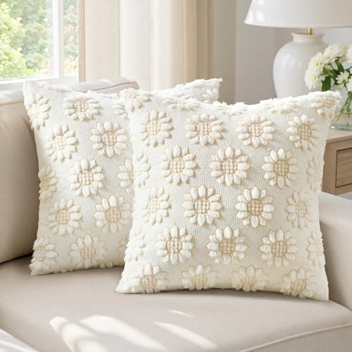 EMEMA Cream Floral Tufted Throw Pillow Covers, Set of 2 Soft Textured Decorative 18x18 Cushion Cases Bringing a Light, Cozy Layer to Sofa, Couch, Bedroom or Modern Farmhouse Living Room Décor