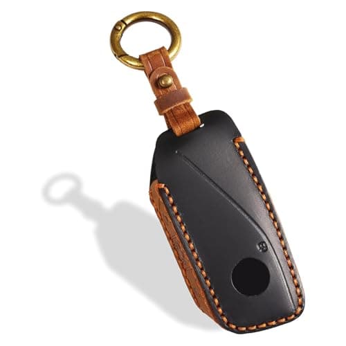 OLLEN ScrewsFree Genuine Leather Key Fob Cover Fit for BMW 20232025up New 57 Series 740i 760i X1 X2 X3 X5 X6 X7 XM IX IX3 I5 I7 etc with Key Ring Black