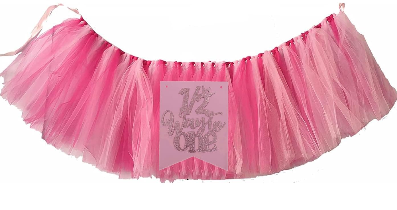 2 Pack12 Way to One Pennant for Highchair Birthday Tutu Skirt Tulle for High Chair Decoration Tulle Chair Skirt Happy 12 Birthday Girl Baby 6 Months Birthday Decorations Pink